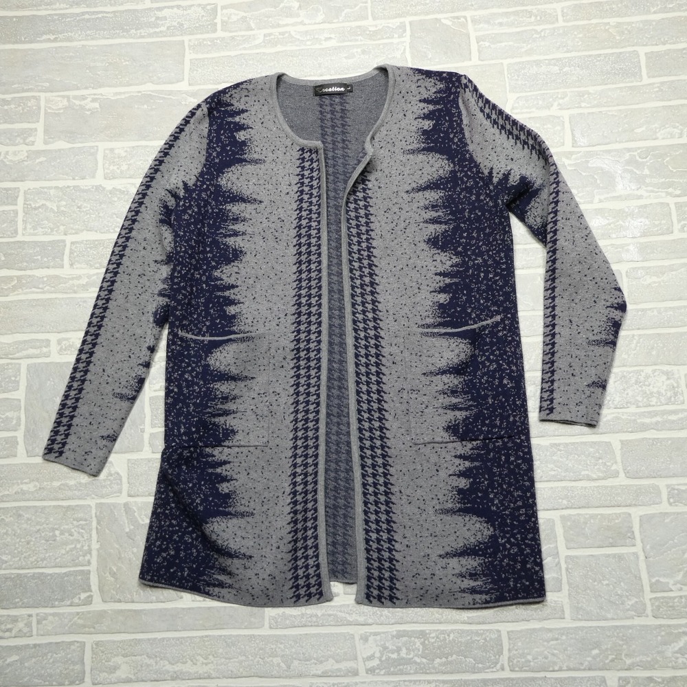 Creation‎ Sweater Womens Large Long Cardigan Gray Blue Angora Blend Pockets